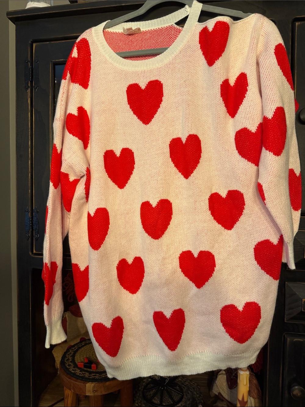 BiBi White Crewneck Sweater with Red Heart Print